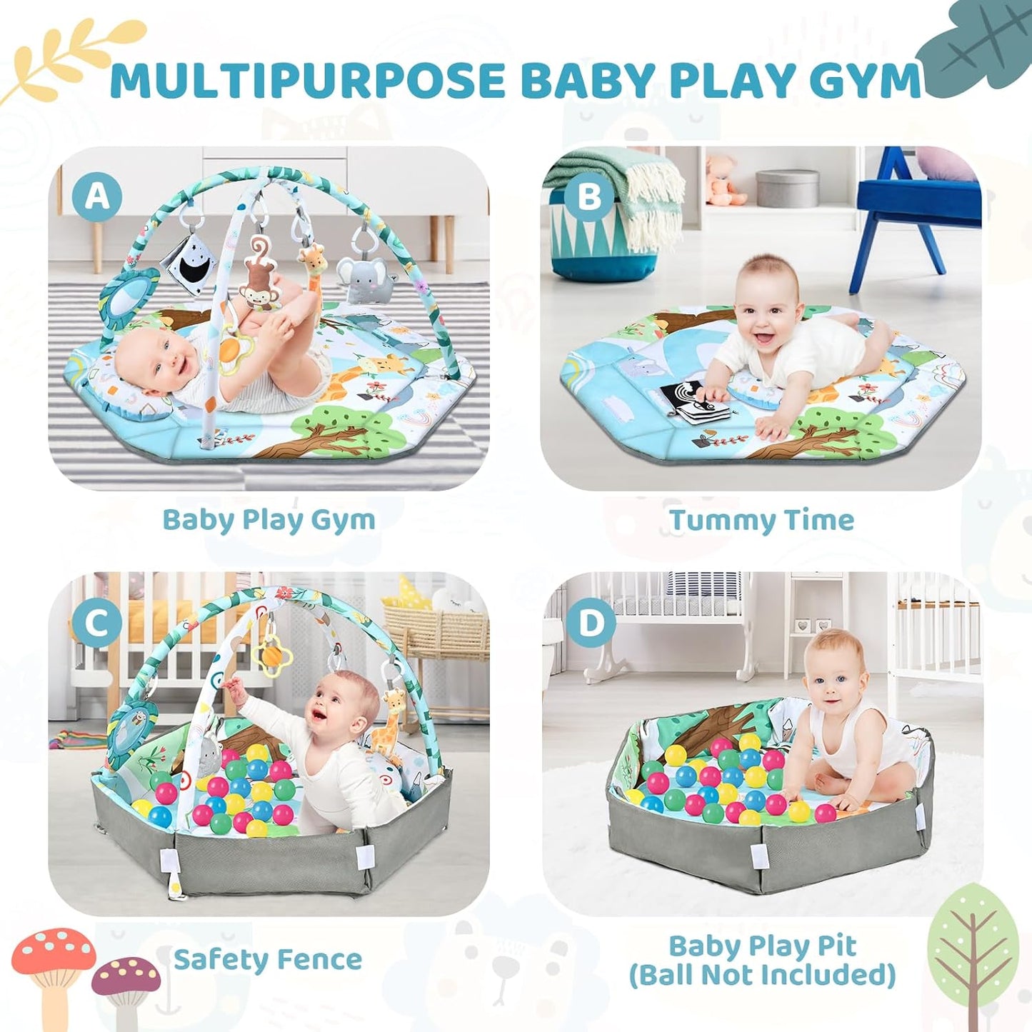 Tapete de juego para gimnasio para bebé, tapete 8 en 1 para el tiempo boca abajo y piscina de pelotas con 6 juguetes, tapete de juego lavable para actividades de bebé para desarrollo visual, auditivo