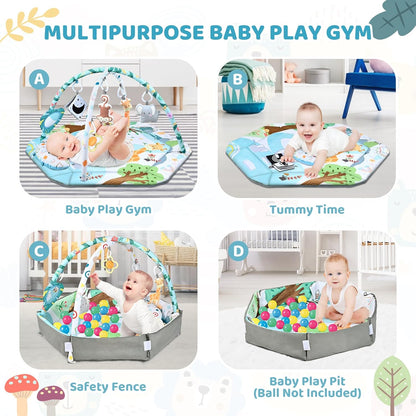 Tapete de juego para gimnasio para bebé, tapete 8 en 1 para el tiempo boca abajo y piscina de pelotas con 6 juguetes, tapete de juego lavable para actividades de bebé para desarrollo visual, auditivo