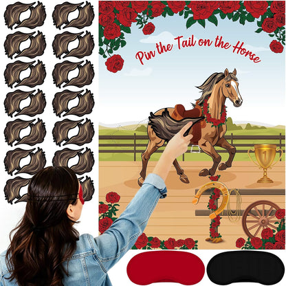 Civaner Juego de 33 piezas de decoración Derby Pin The Tail on The Horse con 1 póster, 30 colas de caballo y 2 máscaras de ojos de poliéster, juegos de fiesta para Derby Western Cowboy suministros de