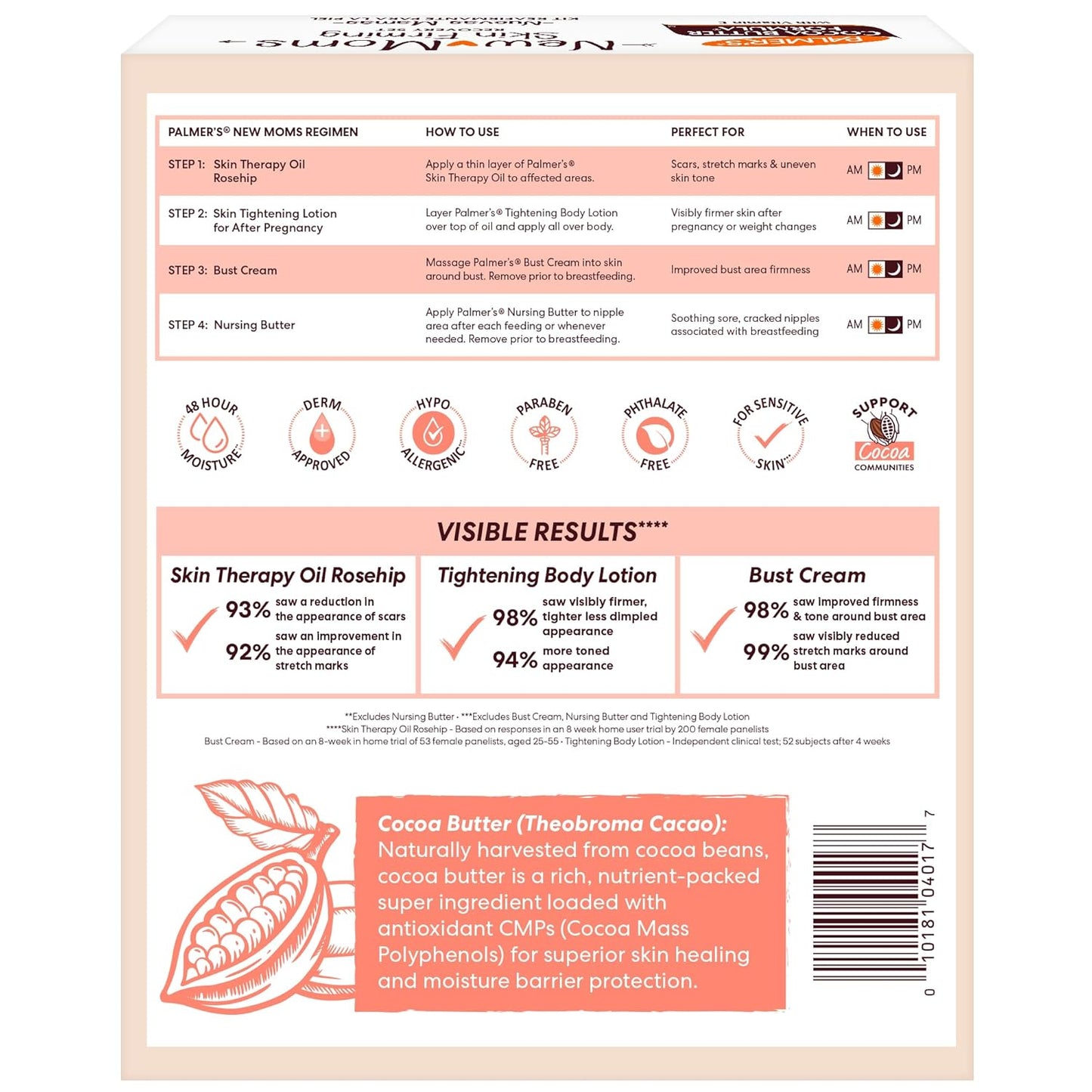 Palmer's Cocoa Butter Formula New Moms Skin Recovery Postpartum Essentials, Loción para el cuerpo (8.5 oz) + Mantequilla para lactancia (1.1 oz) + Crema para el busto (4.4 oz) + Aceite de terapia para