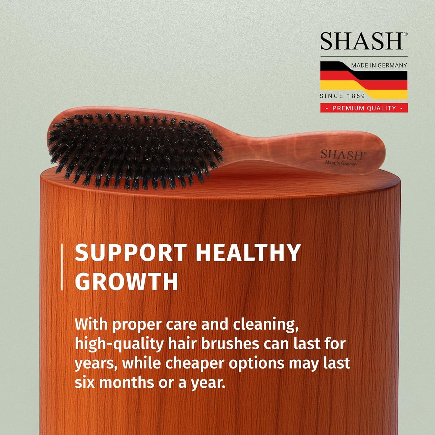 SHASH Cepillo de pelo clásico alemán de primer corte 100% con cerdas de jabalí desde 1869 – Acondiciona el cabello, mejora la textura, exfolia el cuero cabelludo, fino a normal, no para cabello grueso