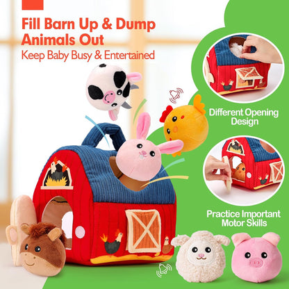 hahaland - Juguetes para bebés de 6-12 meses, juego de granero con animales de peluche de granja, sonajero, papel crujiente, espejo, juguetes montessori sensoriales para niños pequeños de 1-3 años