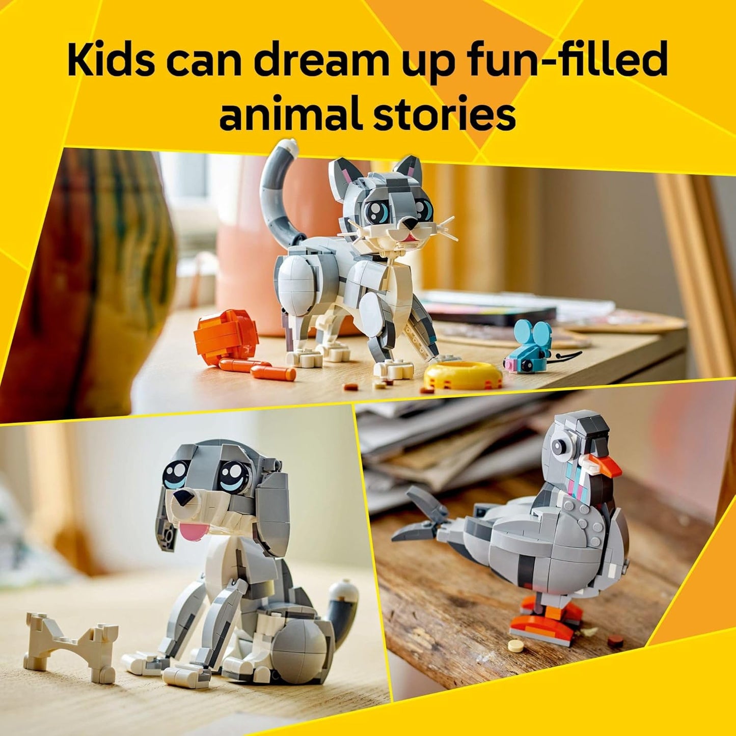 LEGO Creator 3 en 1 Juguete de Gato Juguetón - Juguete de Construcción con 3 Opciones de Construcción, Gato, Perro o Paloma - Regalo de Cumpleaños para Niños - Figuras de Animales para Niños, Niñas y
