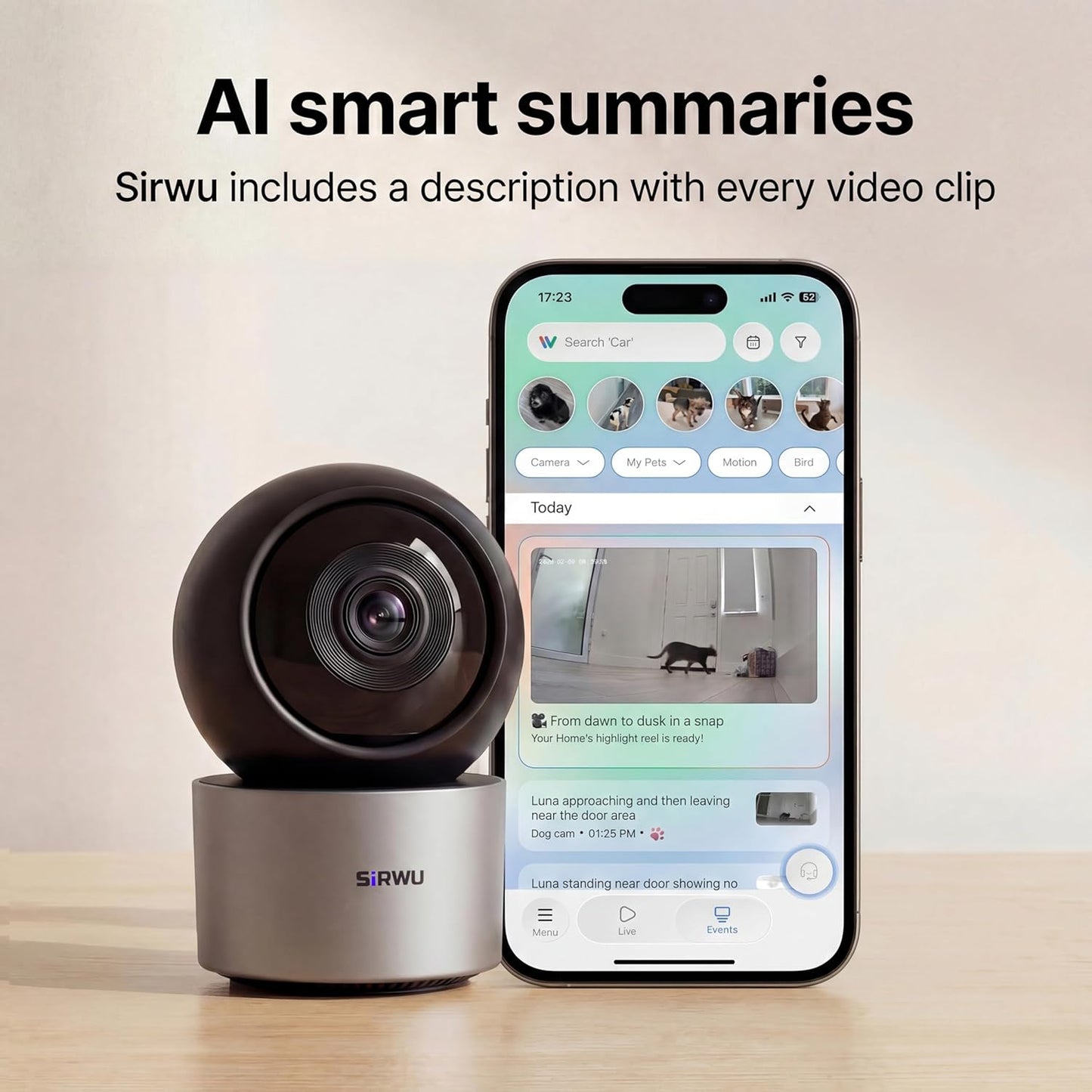 Sirwu Cámara AI Pet para interiores con aplicación de teléfono, cám...