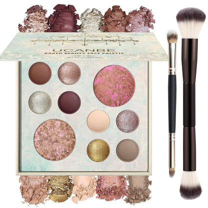 UCANBE Juego de paleta de maquillaje horneado de tamaño completo, incluye rubor, bronceador, 8 sombras de ojos y pinceles, pigmentado todo en uno para cara y ojos, kit de regalo de belleza de polvo