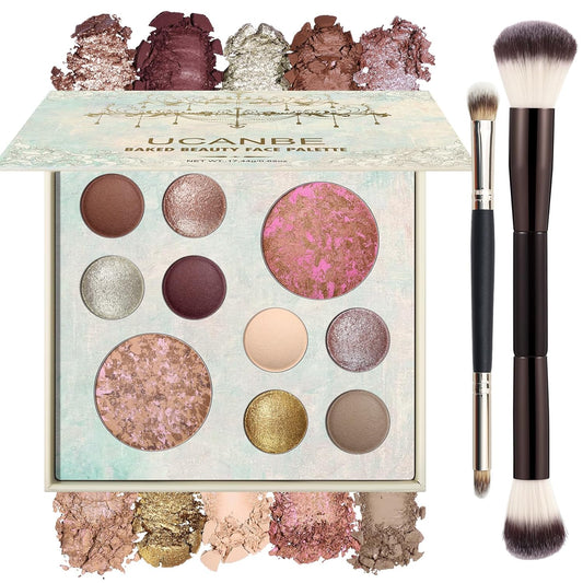 UCANBE Juego de paleta de maquillaje horneado de tamaño completo, incluye rubor, bronceador, 8 sombras de ojos y pinceles, pigmentado todo en uno para cara y ojos, kit de regalo de belleza de polvo
