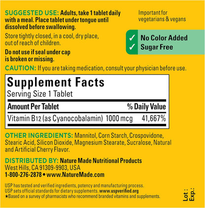 Nature Made Vitamina B12 1000 mcg, tabletas sublinguales de vitamin...