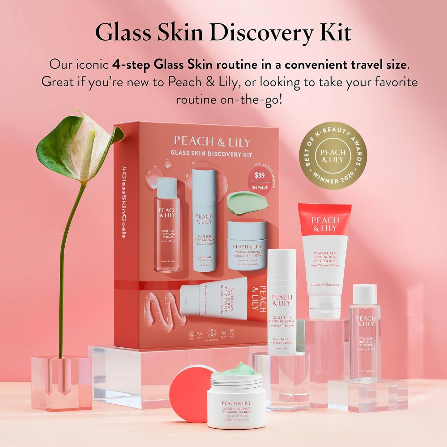 Peach & Lily - Kit de Descubrimiento de Piel de Vidrio (4 Productos) - 1 Limpiador, 1 Esencia, 1 Suero y 1 Crema - Set de Cuidado de la Piel - Rutina para Acné - Esenciales de Viaje - Autocuidado