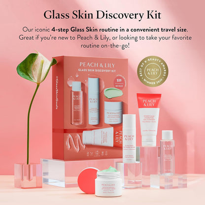 Peach & Lily - Kit de Descubrimiento de Piel de Vidrio (4 Productos) - 1 Limpiador, 1 Esencia, 1 Suero y 1 Crema - Set de Cuidado de la Piel - Rutina para Acné - Esenciales de Viaje - Autocuidado