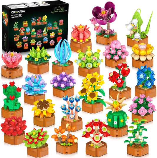 Juego de 24 flores y suculentas, 2160 piezas, colección botánica de 0.142 in, kit de mini flores para decoración del hogar, oficina, bloques de plantas, juguetes, regalos de fiesta de Pascua