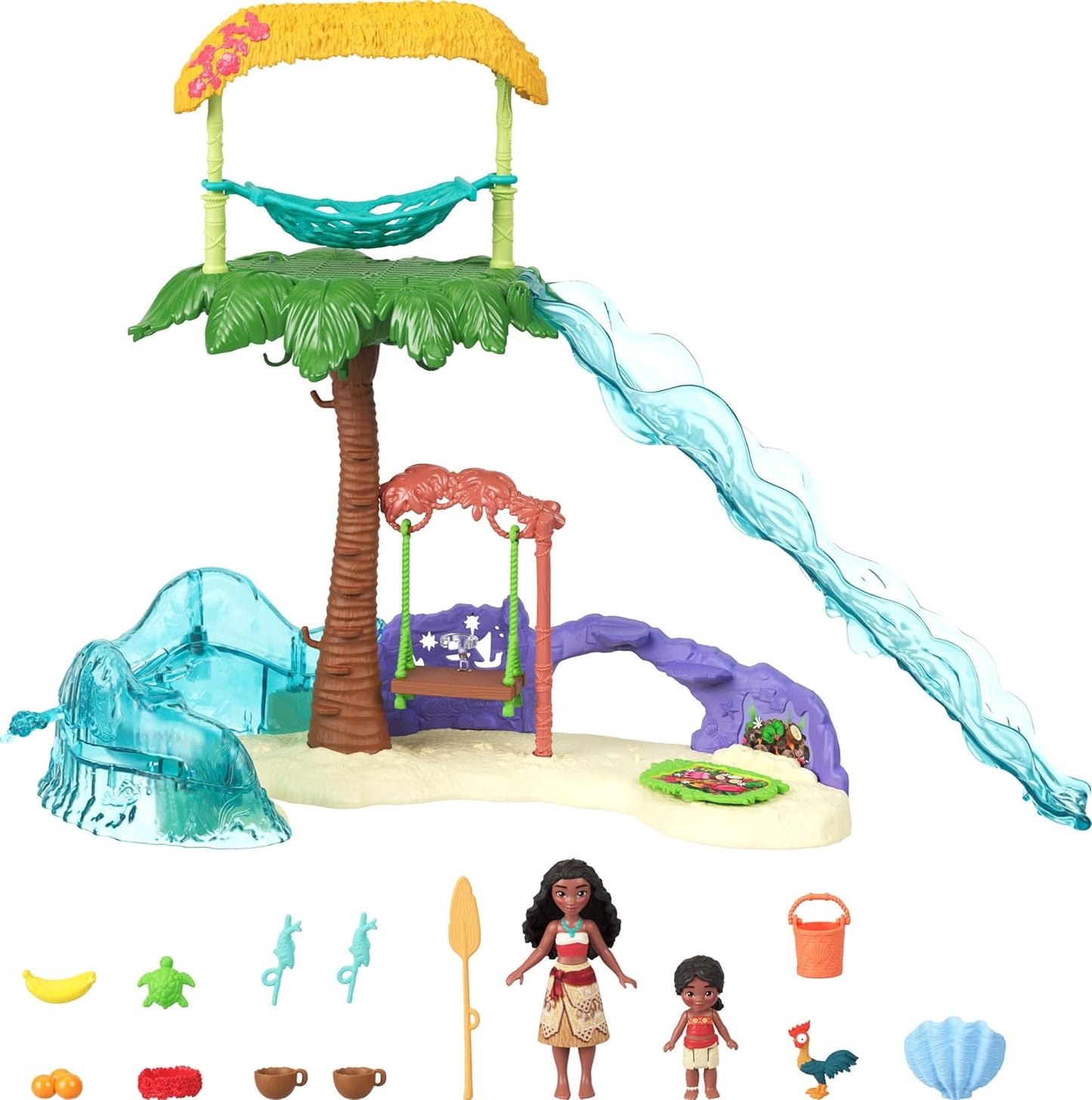 Mattel Disney Moana 2 Juguetes, Set de juego de aventura en la isla de Moana con muñecas pequeñas de Moana y Simea, 2 amigos personajes, 5 áreas de juego y 8 accesorios