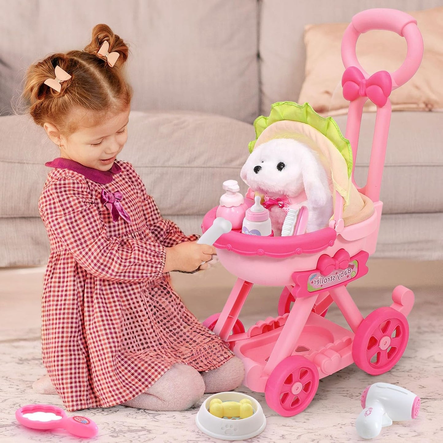 Golray Juguetes de perro para niñas, cochecito y perro de peluche electrónico interactivo que puede caminar, ladrar, 10 piezas de juguete para niña, juego de cuidado de cachorros para niños pequeños