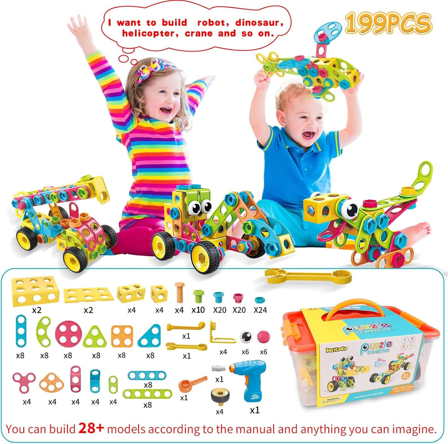 199 PIEZAS Bloques de Construcción, Juguetes STEM para Niños de 3, 4, 5, 6, 7, 8+ Años, Regalos de Cumpleaños para Niños y Niñas, Juguetes Educativos de Construcción para Preescolar, Edades 3-5, 4-8