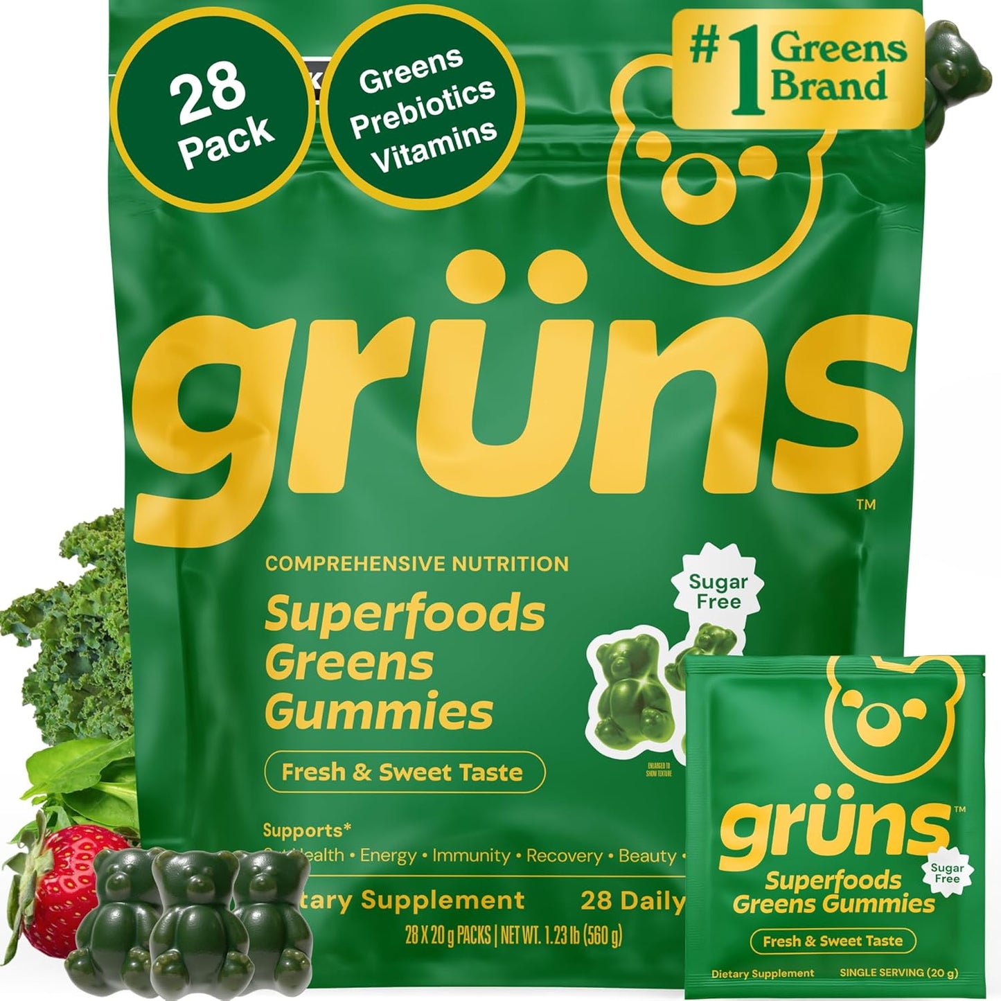 Gruns Gomitas Super Greens Sin Azúcar para Adultos, Ositos de Goma...