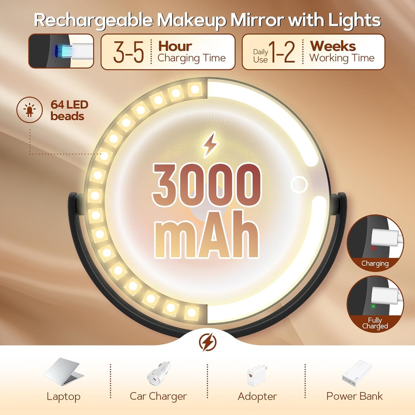 B Beauty Planet Espejo de maquillaje con luces, espejo de aumento i...