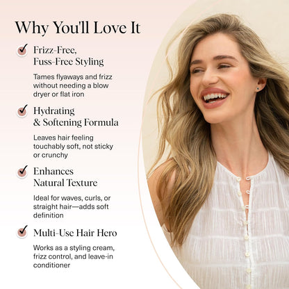Kitsch Crema suavizante de secado al aire para el cabello, producto para el cuidado del cabello con aceite de ricino y aceite de coco, crema de peinado sin peso, mejora la apariencia de la textura