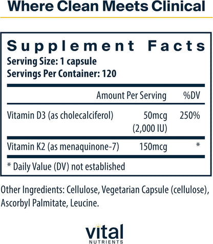 Vital Nutrients Vitamina D3 + K2 | 2000 UI | Suplemento de vitamina...