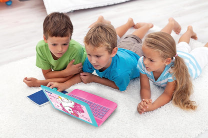 LEXiBOOK - Ordenador portátil educativo y bilingüe Unicornio español/inglés - Juguetes para niños con 124 actividades para aprender matemáticas, dactilografía, lógica, lectura de relojes, jugar juegos