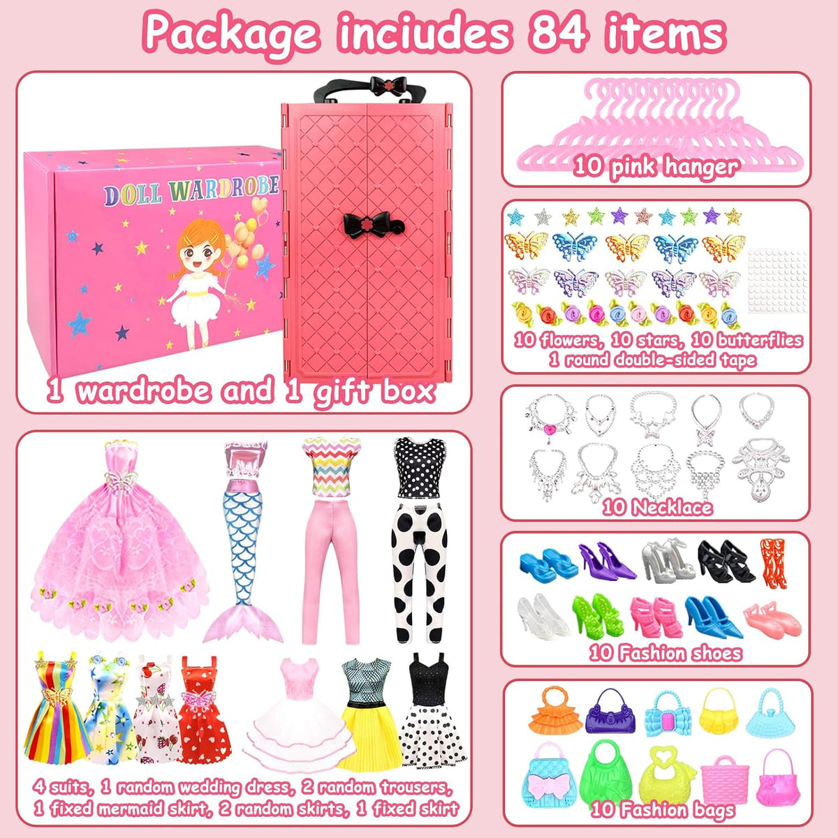 Paquete de 84 ropa y accesorios para muñecas con armario de muñecas...
