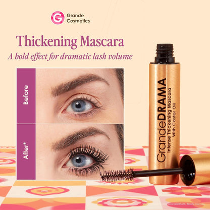 Grande Cosmetics GrandeDRAMA - Máscara de engrosamiento intenso con aceite de ricino, voluminizante, acondicionado, fórmula construible