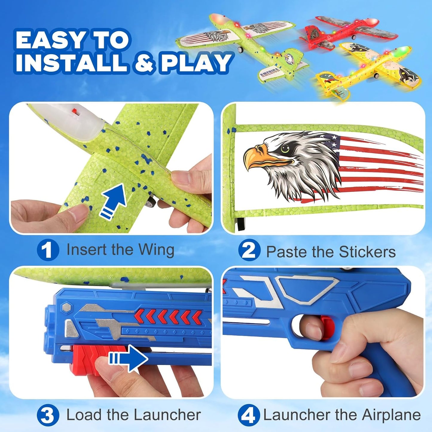 Paquete de 3 juguetes de avión lanzador para niños, avión planeador...
