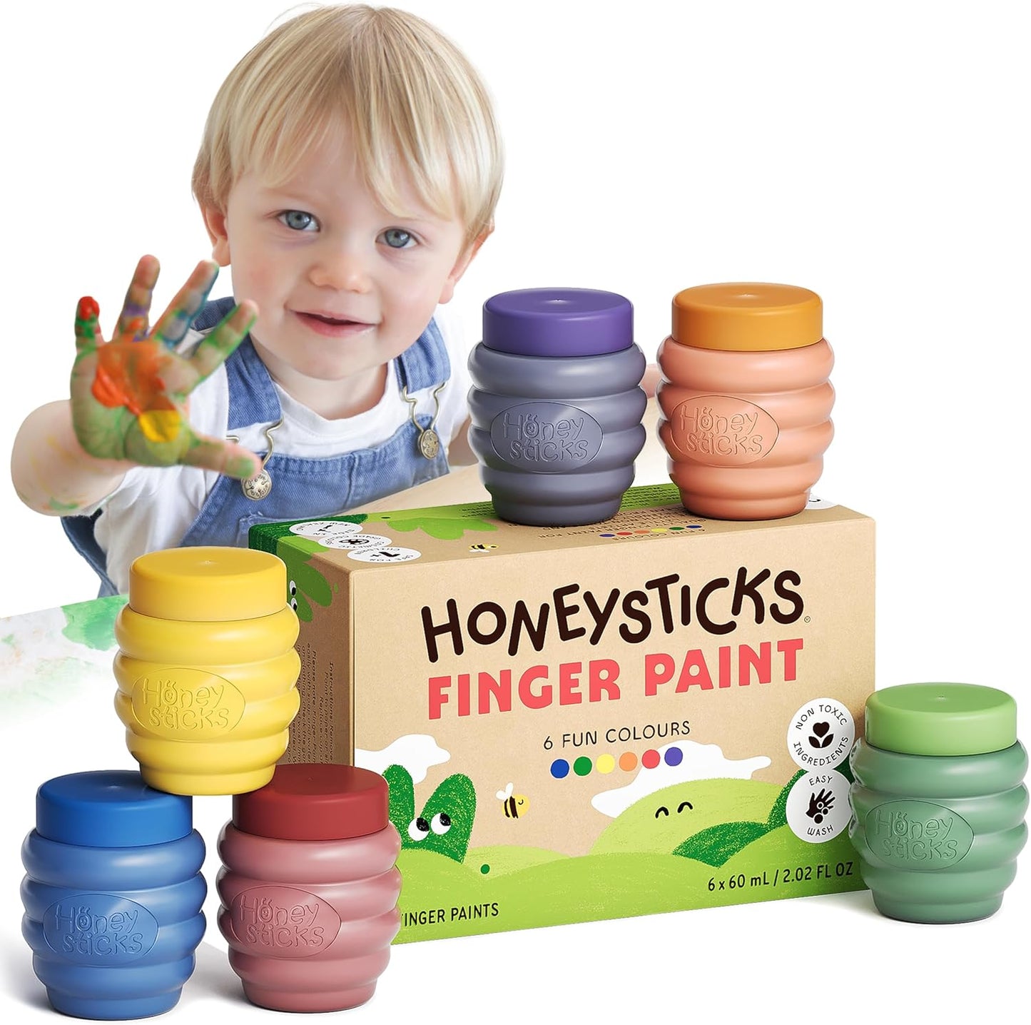 Honeysticks Pintura de dedos no tóxica (6 colores brillantes), lavable de la piel, pintura segura para dedos para niños pequeños, niños de 1 a 3, 2 a 4, 3 a 5 años, primera pintura perfecta para