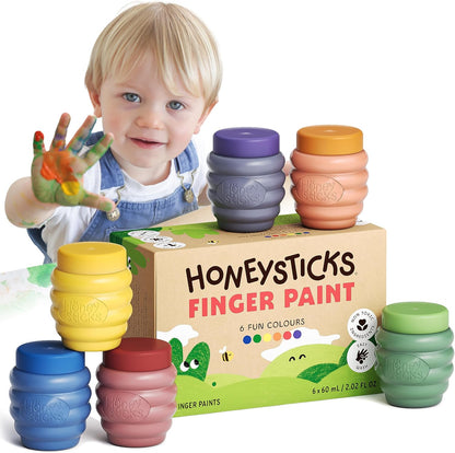 Honeysticks Pintura de dedos no tóxica (6 colores brillantes), lavable de la piel, pintura segura para dedos para niños pequeños, niños de 1 a 3, 2 a 4, 3 a 5 años, primera pintura perfecta para