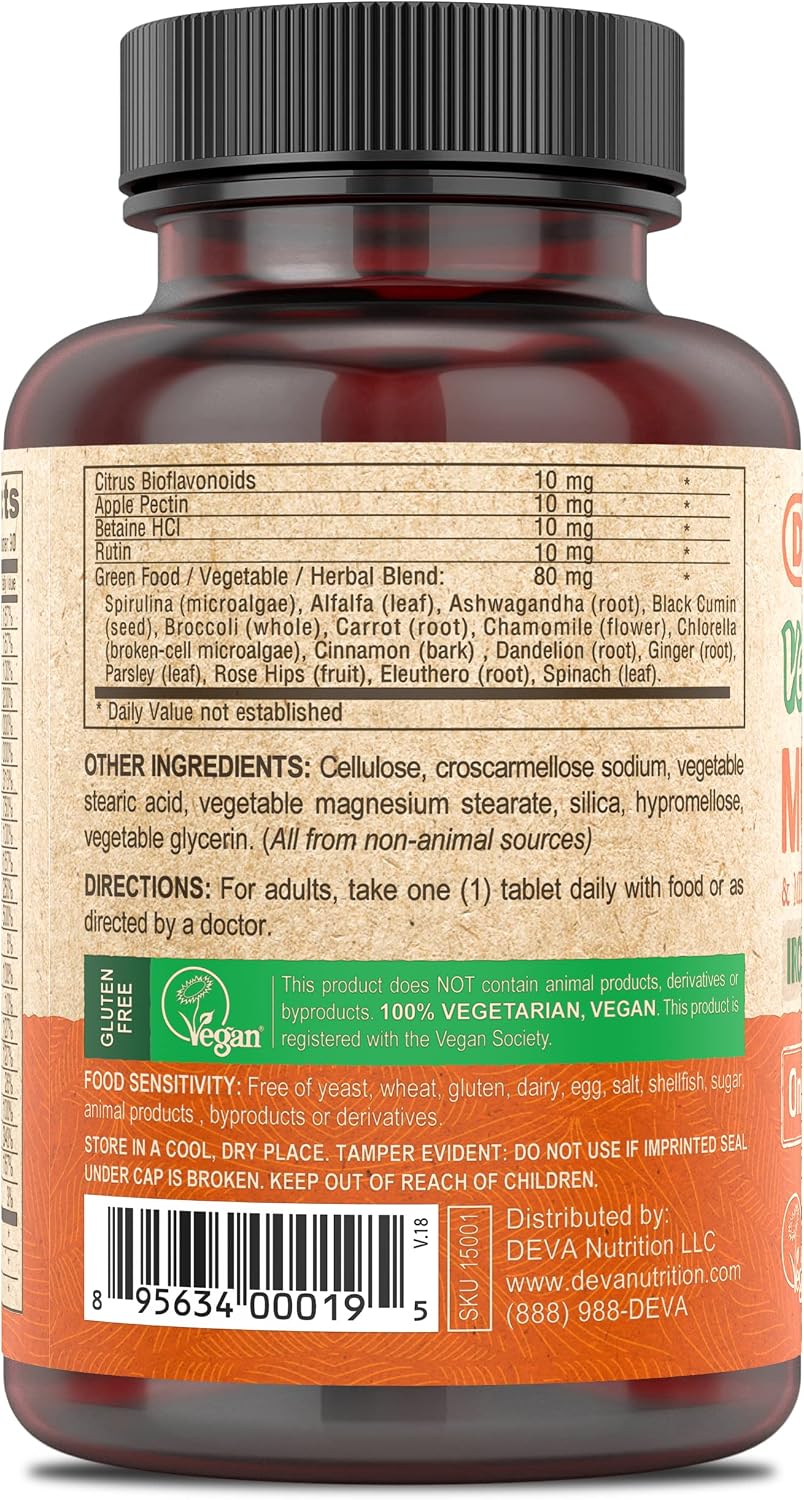 DEVA Suplemento multivitamínico y mineral vegano sin hierro, mezcla...