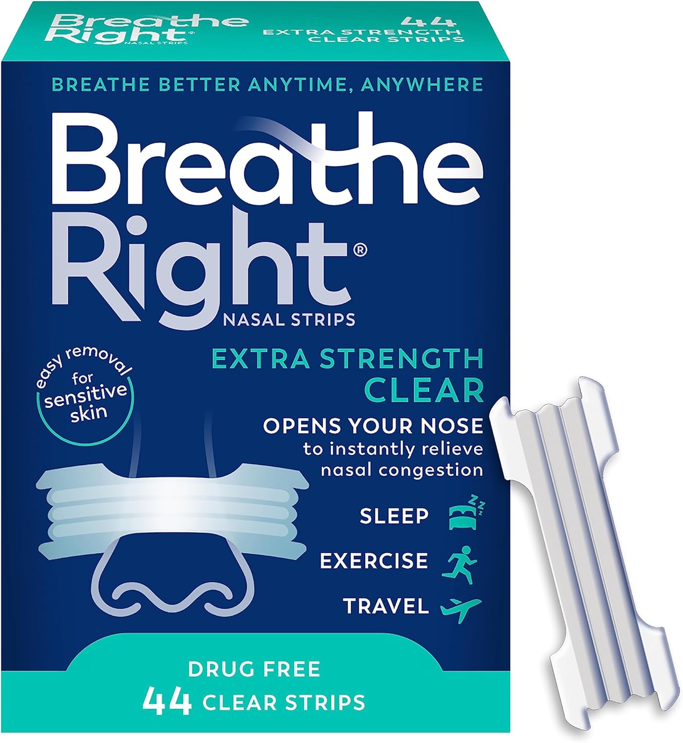 Breathe Right Bandas Nasales | Fuerza Extra | Transparentes | Para Piel Sensible | Solución Sin Fármacos para Ronquidos y Alivio de la Congestión Nasal Causada por Resfriados y Alergias | 44 Unidades