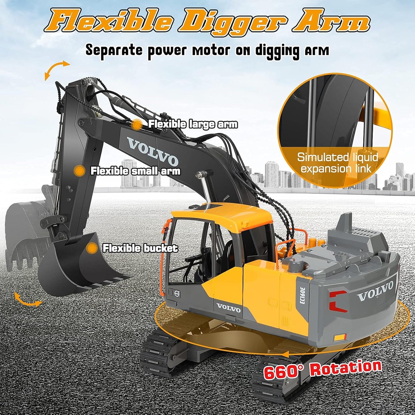 Double E Volvo - Excavadora de control remoto a escala 1:16, juguet...
