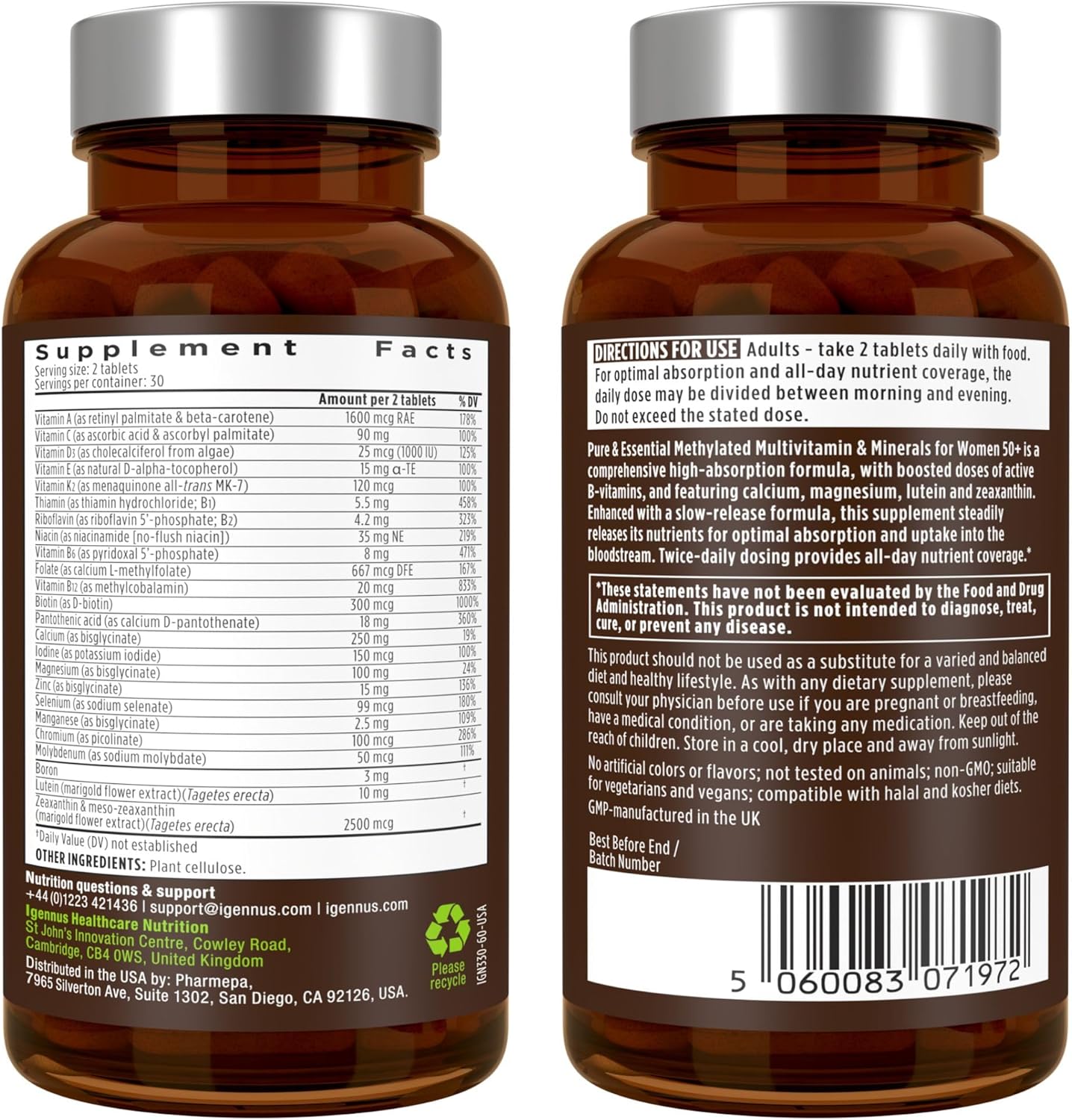 Igennus Multivitamínico metilado para mujeres de 50 años, calcio y...