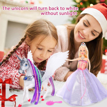 BETTINA Muñeca de unicornio y princesa que cambia de color, cambio...