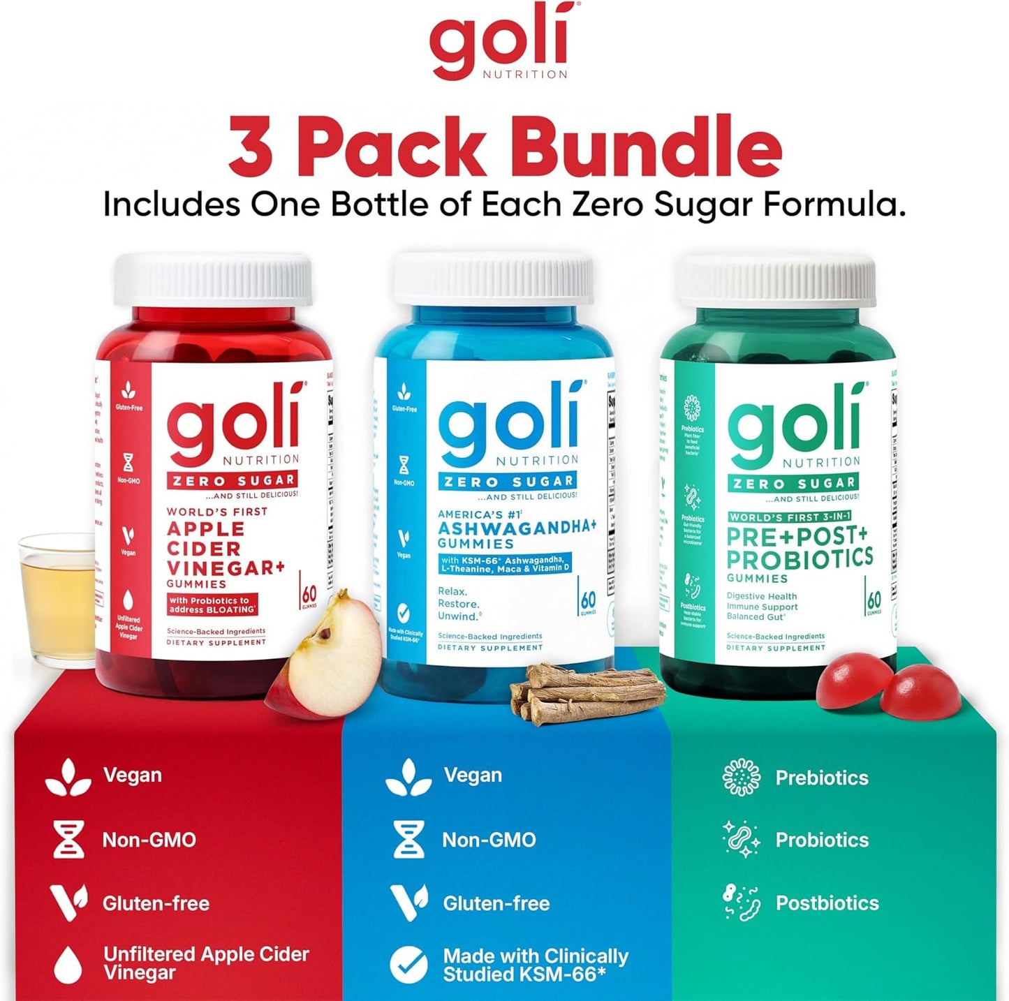 Goli Zero Sugar Trio - El Primer 3-en-1 Pre, Post, Probiótico del M...