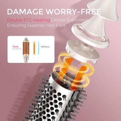 TYMO STYLUX - Cepillo térmico 2.0 para rizar, voluminizador de 1.7 pulgadas con ajuste flexible para alisar el cabello, herramienta de peinado redondo calentado, alisador y rizador de cabello 2 en 1, doble voltaje y luz, dorado