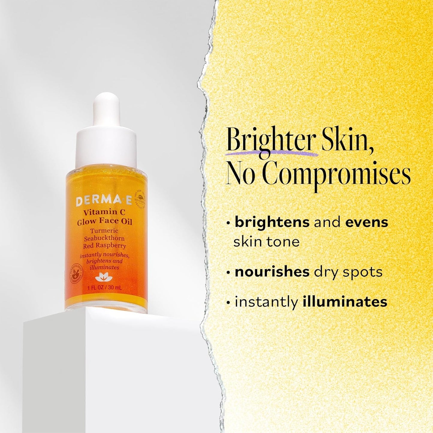 Aceite Facial Derma E Vitamina C Glow, 1 Fl Oz, Nutre, Ilumina y Brilla para una Piel Radiante, Aceite Hidratante de Vitamina C con Cúrcuma, Espino Amarillo y Frambuesa Roja