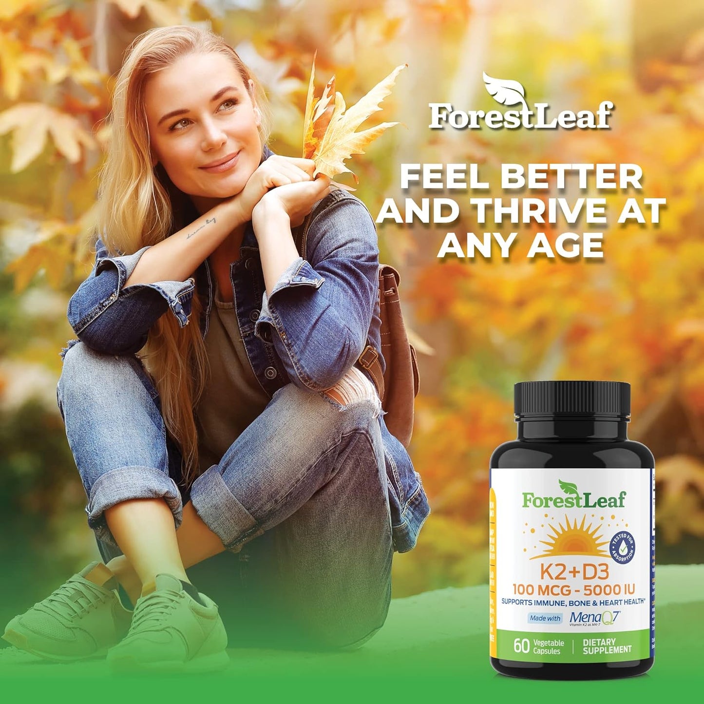 Suplemento ForestLeaf de vitamina D3 + K2 (MK7) - MenaQ7 - Calcio y...