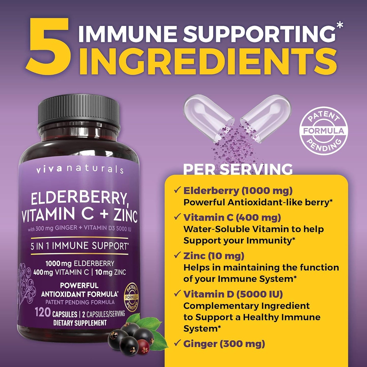 Viva Naturals Saúco con vitamina C y zinc para adultos - 5 en 1 Cáp...