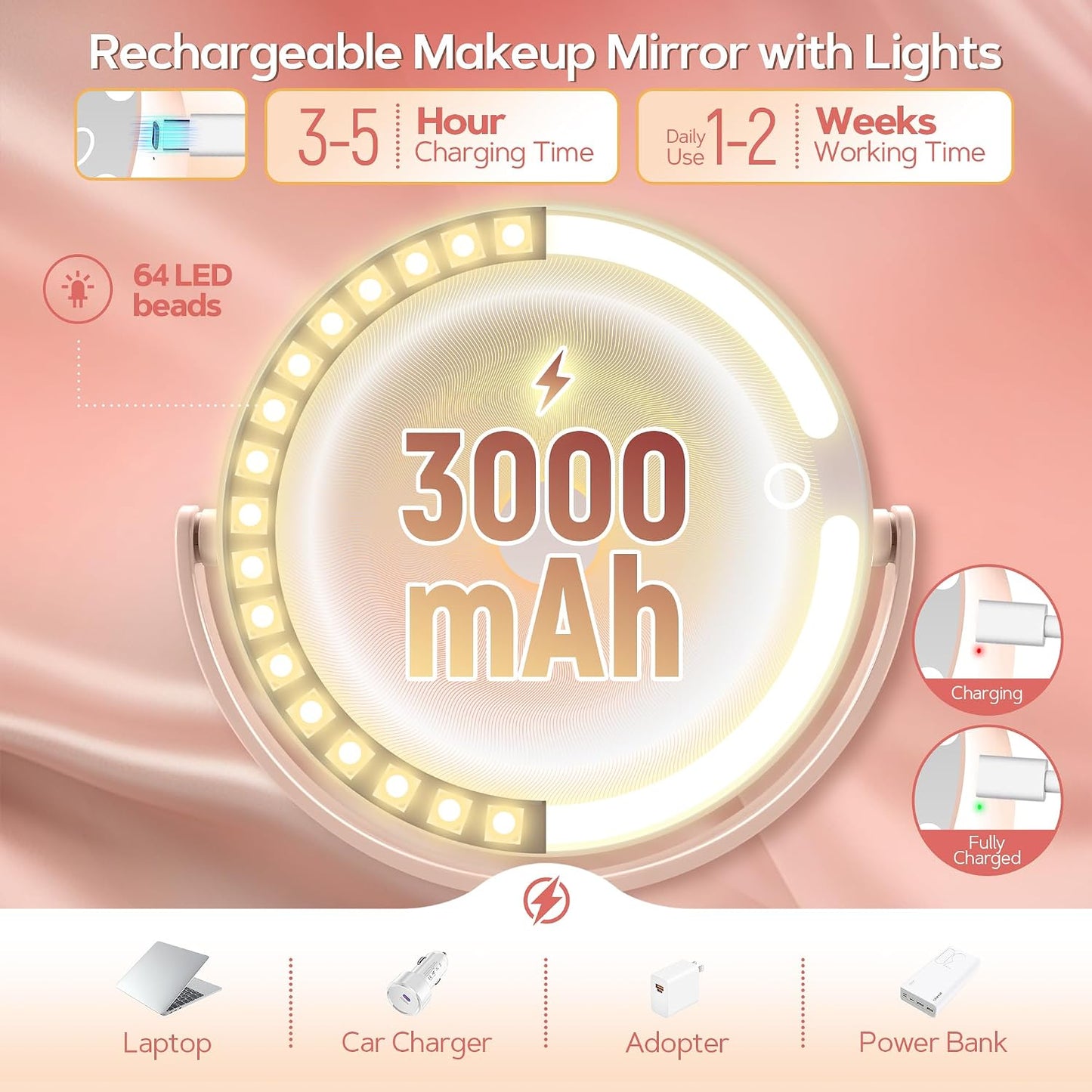 B Beauty Planet Espejo de maquillaje con luces, espejo de aumento i...