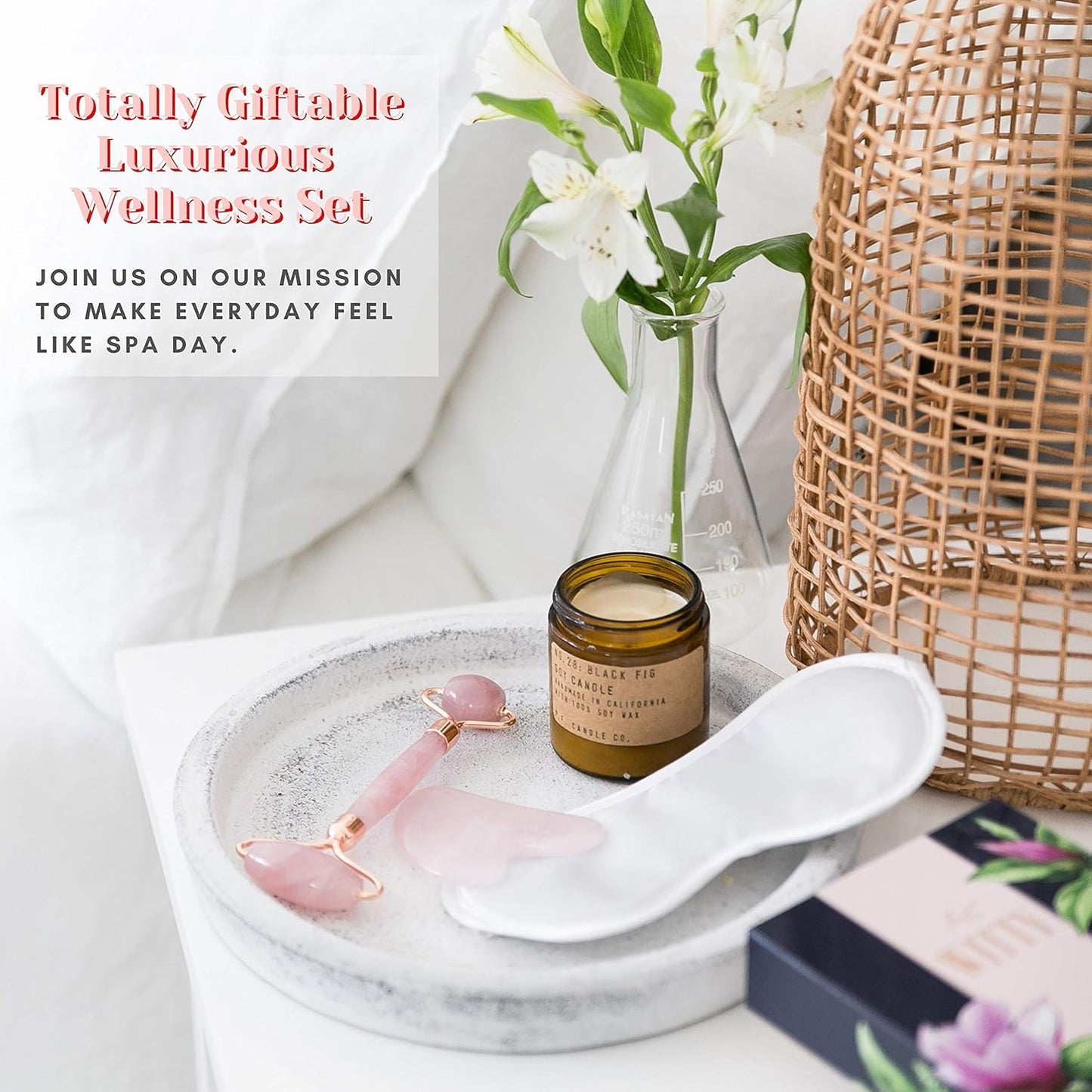 WITTY Rodillo de cuarzo rosa para cara, piedra Gua Sha en caja de r...