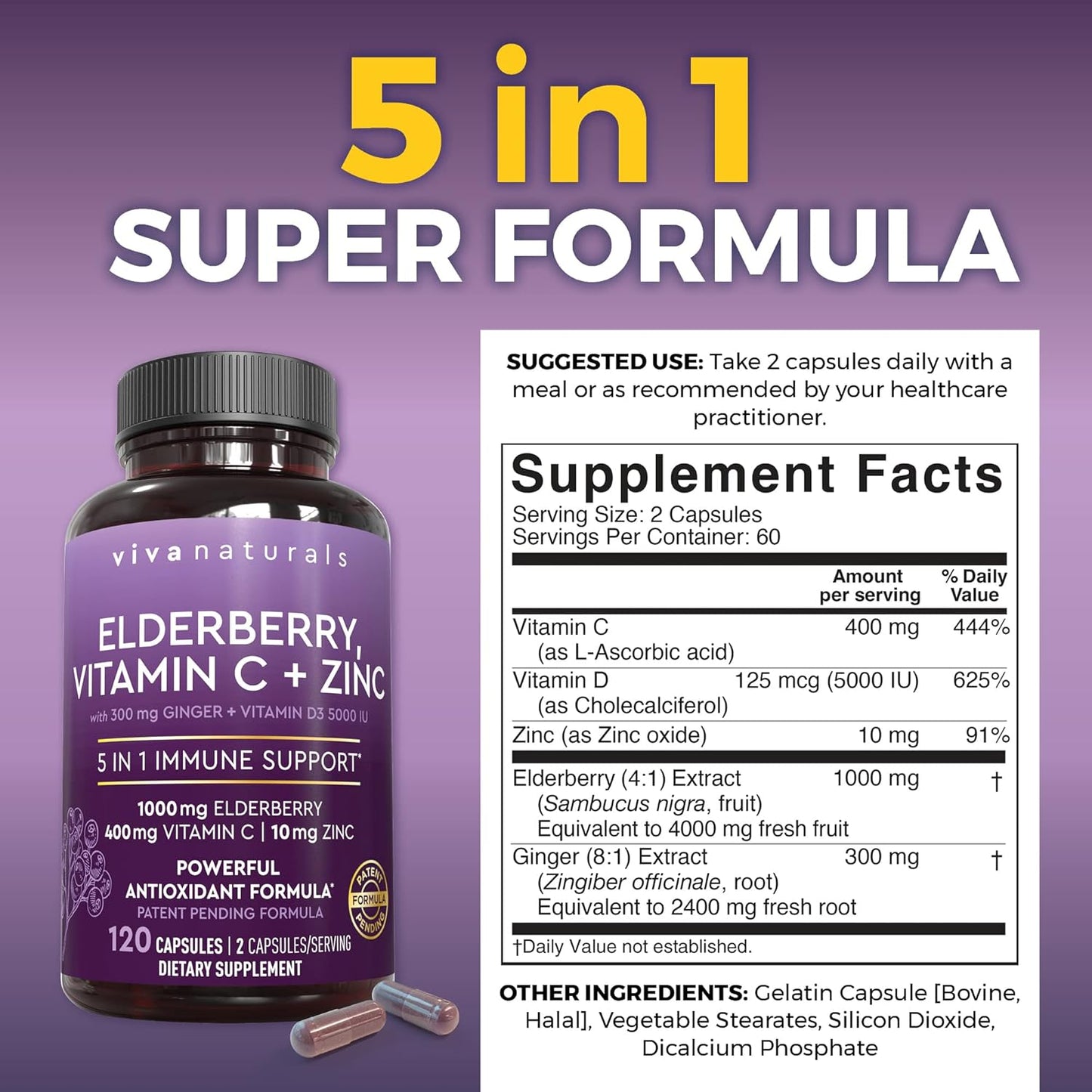 Viva Naturals Saúco con vitamina C y zinc para adultos - 5 en 1 Cáp...