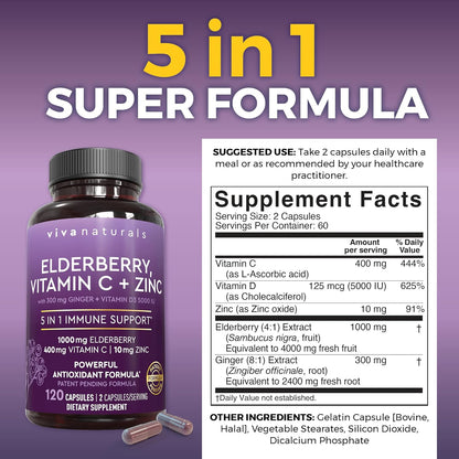 Viva Naturals Saúco con vitamina C y zinc para adultos - 5 en 1 Cáp...