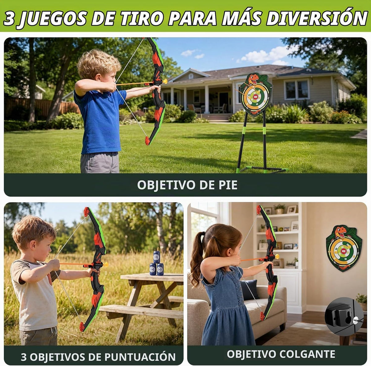 HYES Arco y flecha para niños, juego de tiro con arco con luz LED c...