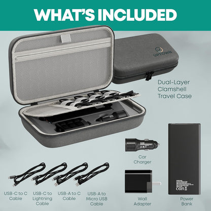 Uptown Paquete de tecnología de carga de viaje de 7 piezas, cargador portátil de 10,000 mAh, adaptador de pared GaN de 45 W, cargador de automóvil de 48 W y 4 cables con organizador de cables, esenciales de viaje para teléfonos, tabletas y computadoras po
