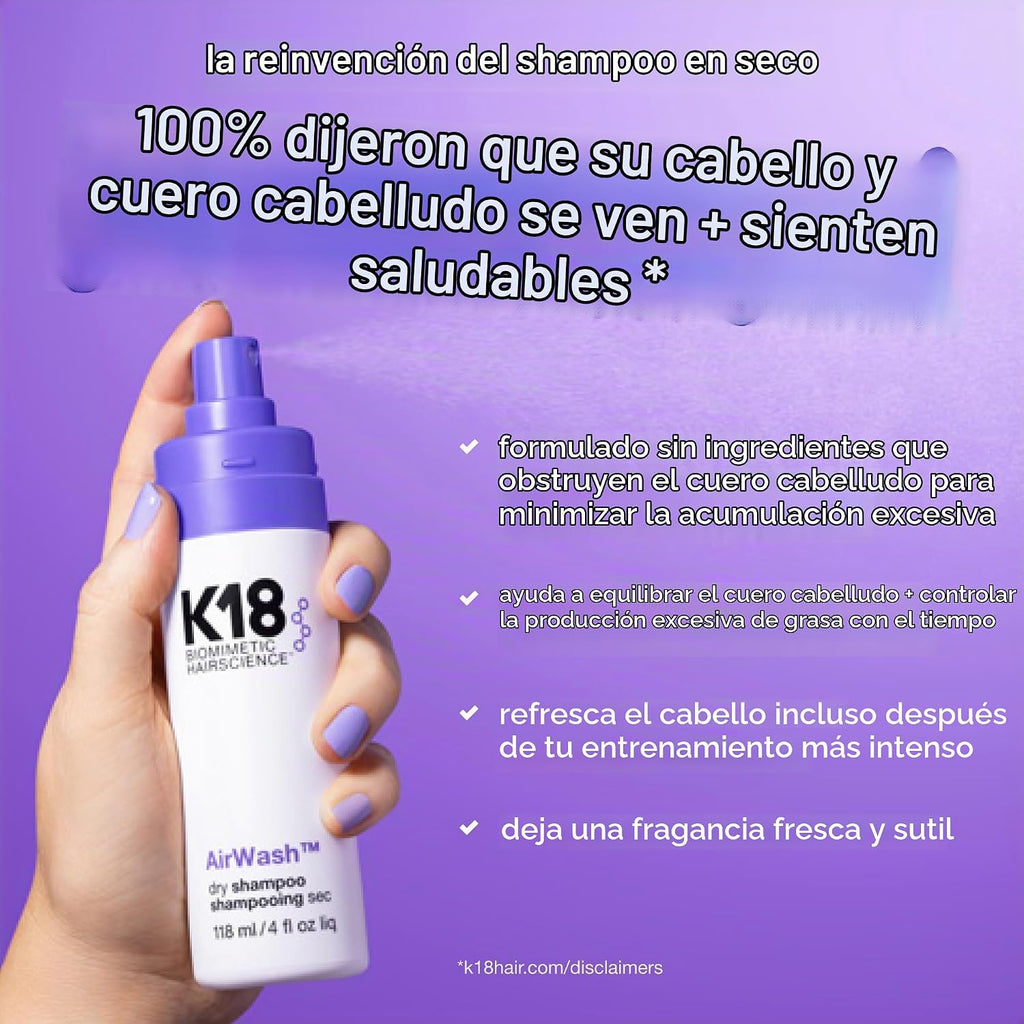 El champú seco K18 AirWash™, sin aerosol, equilibra el cuero cabell...