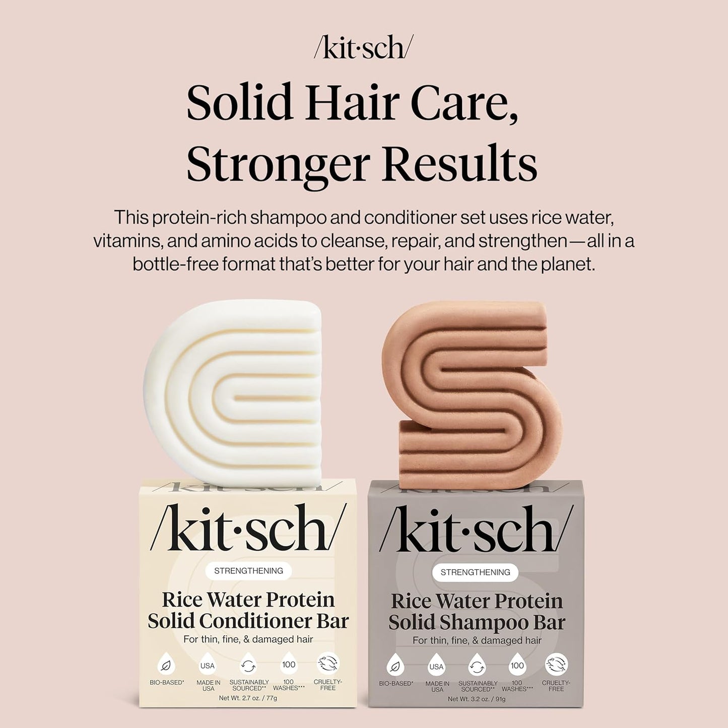 Kitsch Champú y acondicionador sólido de proteína de agua de arroz para el crecimiento del cabello – Dúo fortalecedor del cuidado del cabello con proteína de arroz y vitaminas para reparación de daños – Sin parabenos, sulfatos y silicona, fabricado en Est