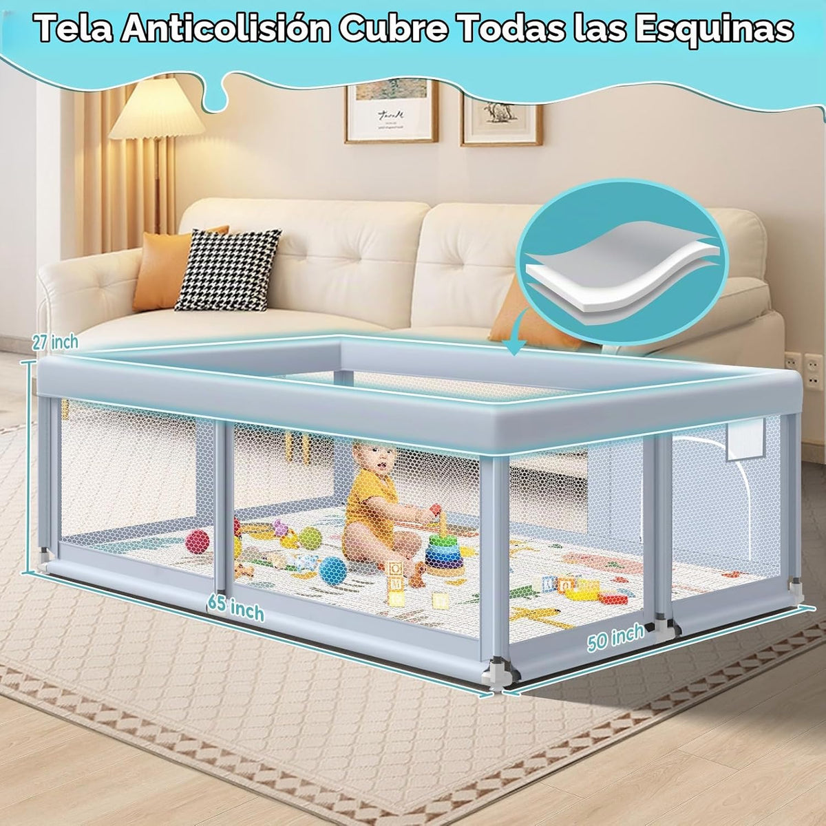 Fshibila corralito grande para bebés de 65" × 50", corralit...