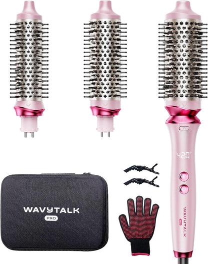 Set de cepillo térmico iónico Wavytalk Heatwave Pro, cepillo redondo caliente de 3 tamaños para cabello corto a largo, iones negativos bilaterales para un peinado sin encrespamiento y brillante, rosa