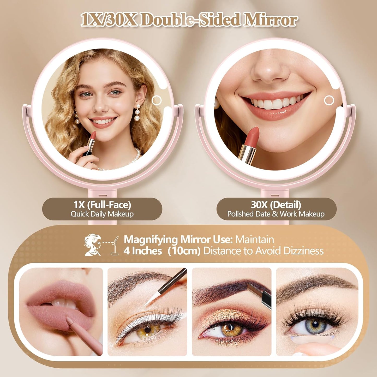 MOMOKUBA Espejo de maquillaje con luces, espejo de aumento de doble...