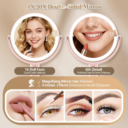 MOMOKUBA Espejo de maquillaje con luces, espejo de aumento de doble...