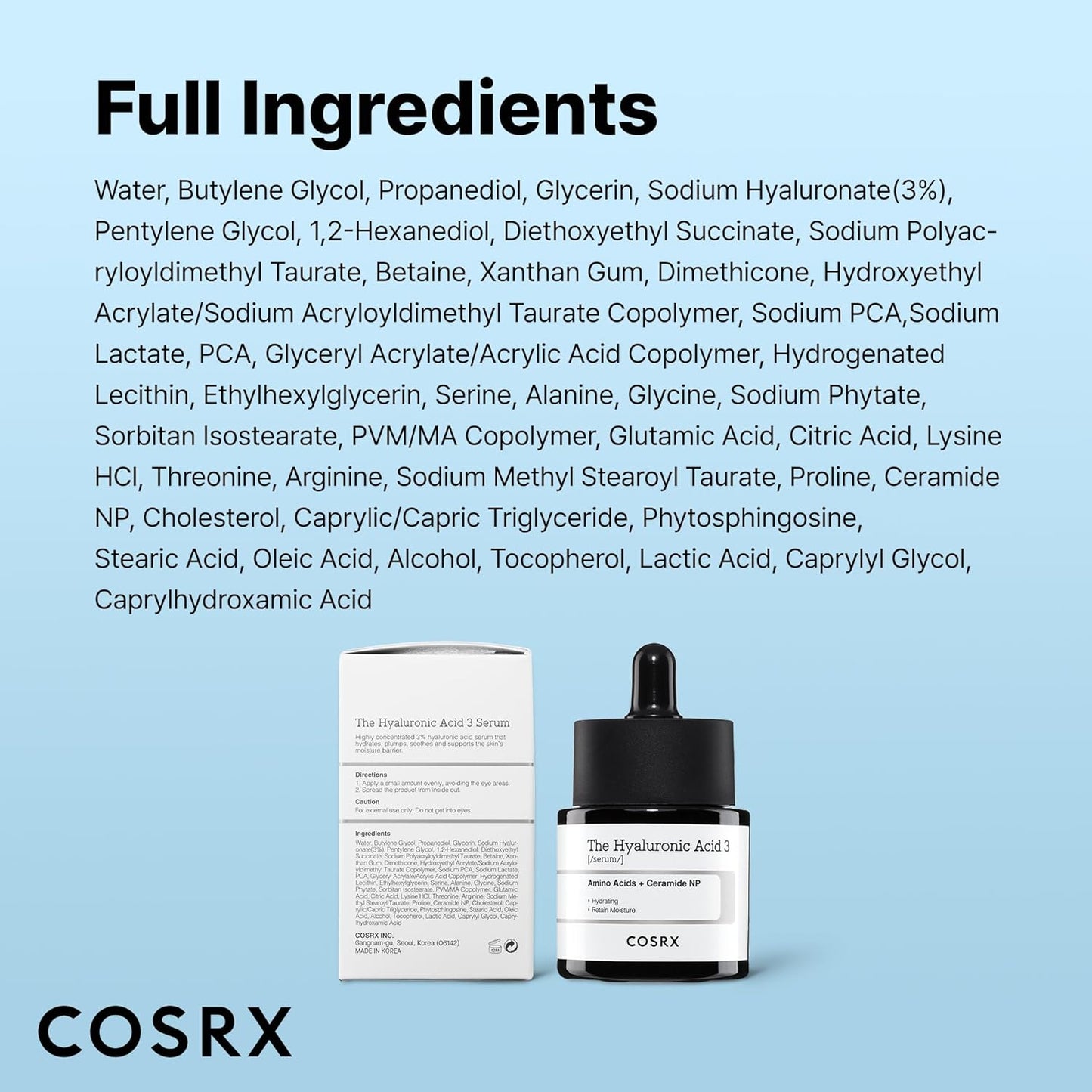 COSRX Suero de ácido hialurónico de sodio puro al 3%, hidratante y estimulante de la humedad para líneas finas y arrugas, repara la piel seca, 0.67 onzas líquidas, sin fragancia artificial, cuidado de